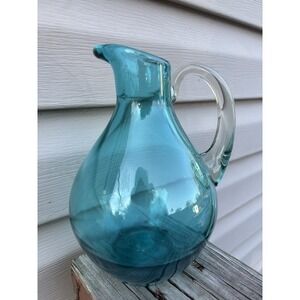 Vintage Le Smith Peacock Teal Art Glass Pitcher 8"Pulled Spout MCM Hand Blown